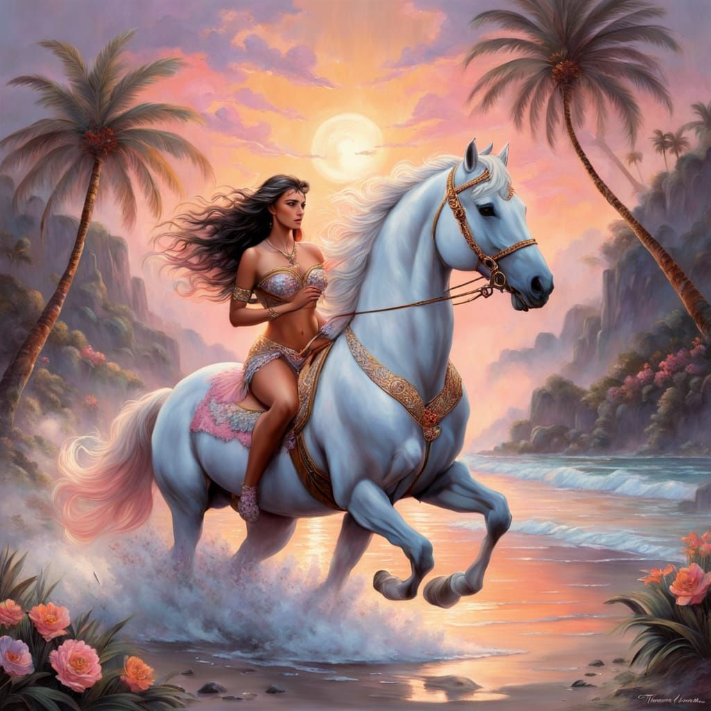 Polynesian Goddess Rides Centaur on Enchanted Beach at Twili...