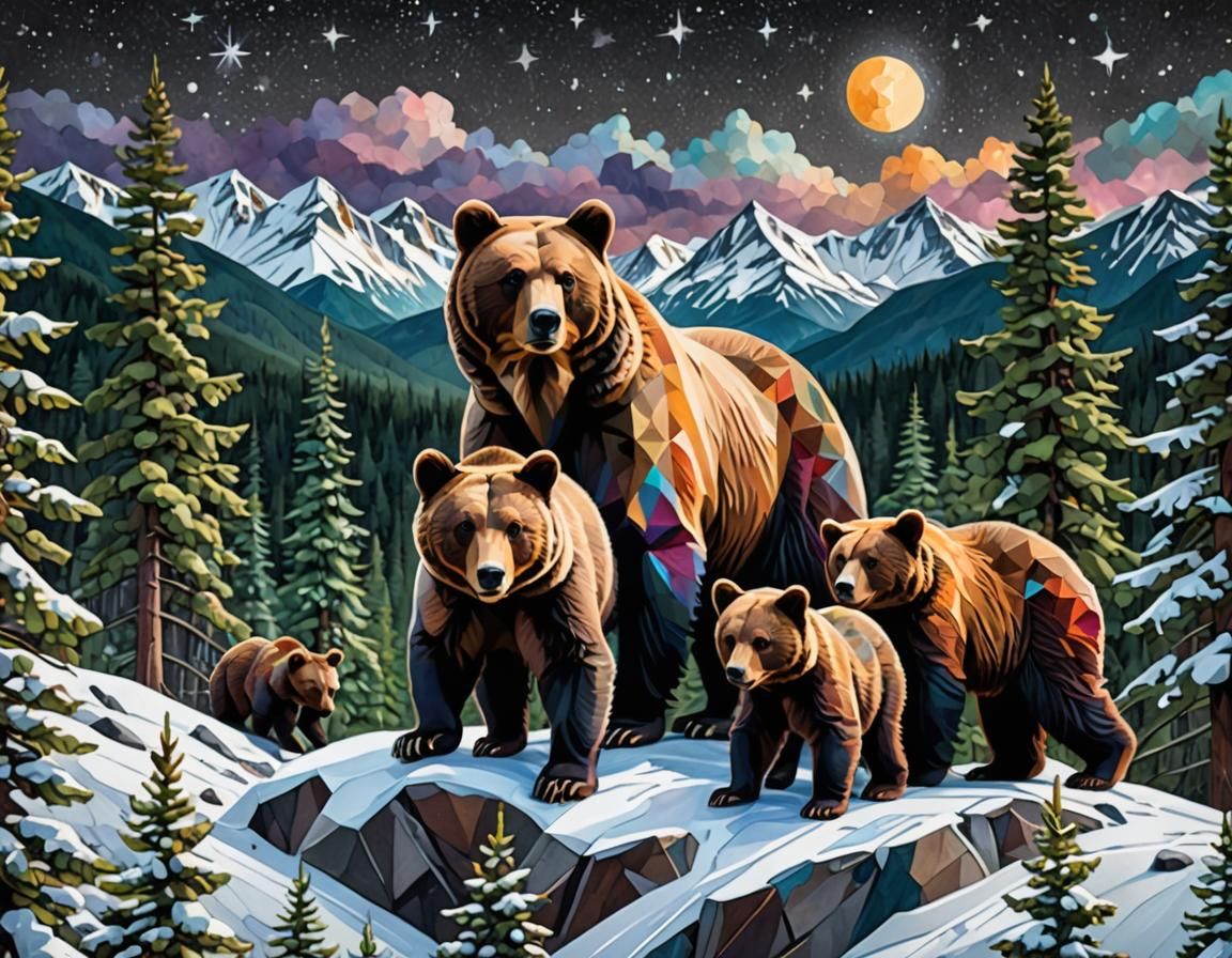 Geometric Line Art: Mama Bear and Cubs in Winter