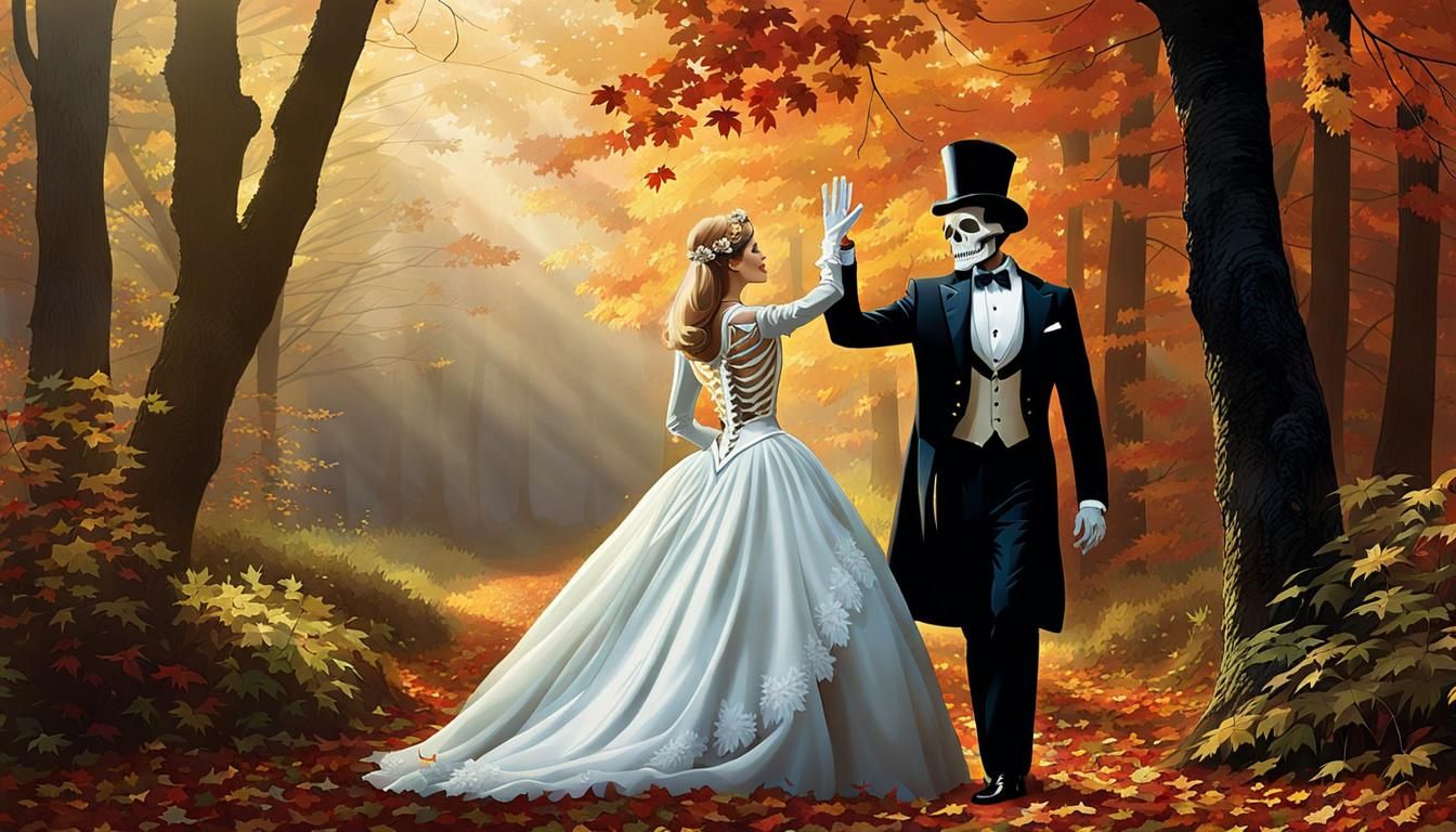 Elegant Skeleton Saluting Ghostly Lady in Autumn Forest