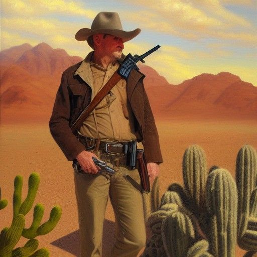 Beagle Outlaw with Gun in Desert Oil Painting