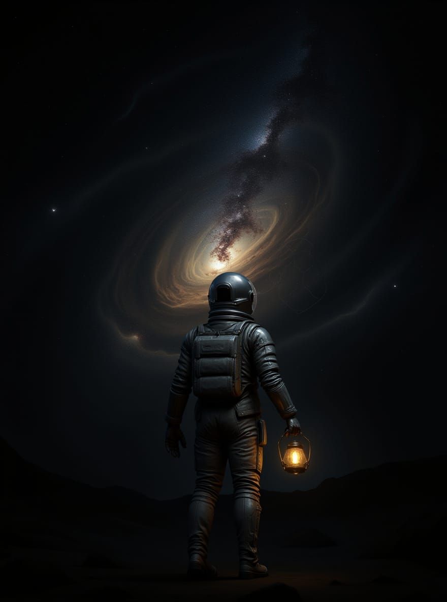 Astronaut with Glowing Lantern in Cosmic Nebula
