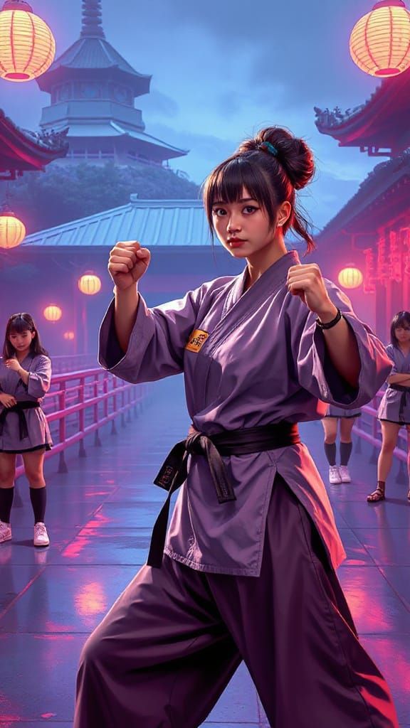 Japanese Martial Arts Training in Futuristic Neon-Lit Academ...