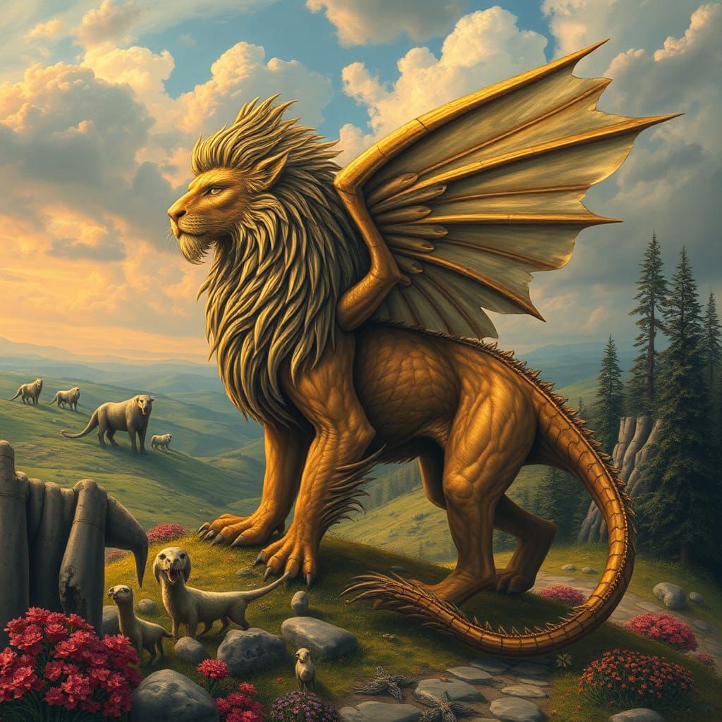 Majestic Lion-Eagle-Dragon Hybrid in Dreamlike Landscape