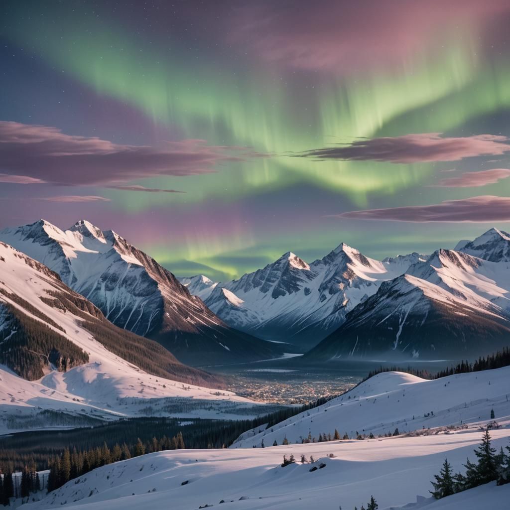 Aurora Borealis Over Snowy Mountain Range at Dusk