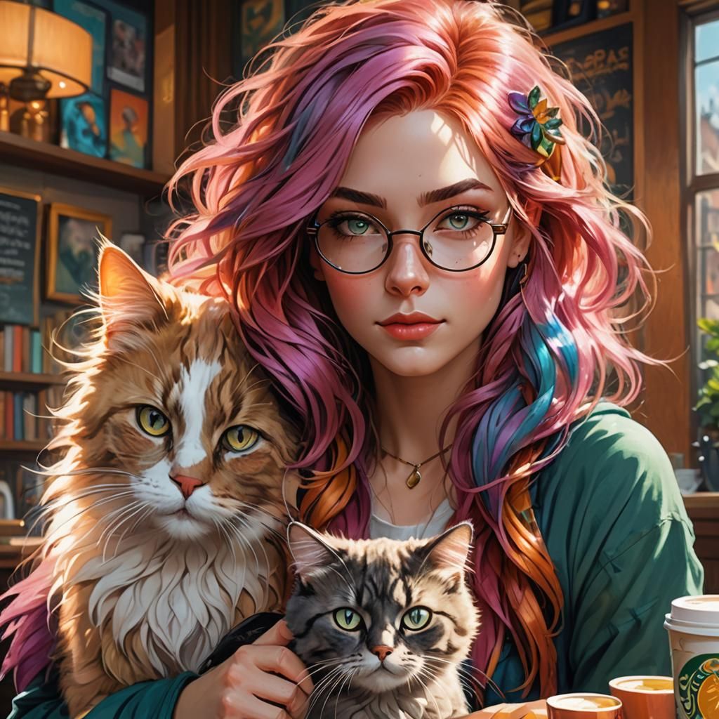 Colorful Girl with Cat: A Whimsical Digital Portrait