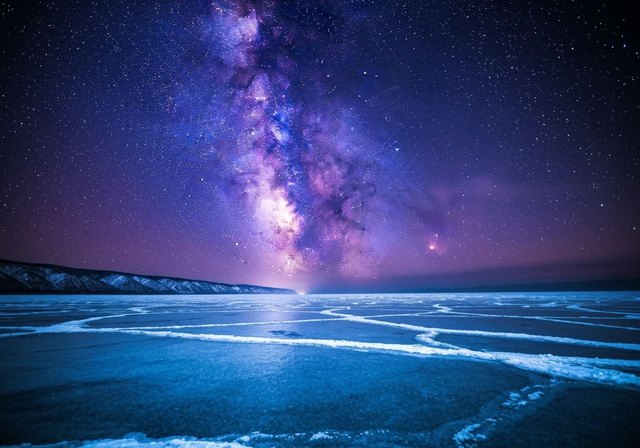 Frozen Lake Baikal Under Starry Night Sky