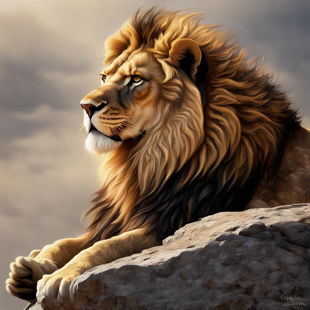 Majestic Lion Exudes Strength on Rocky Outcrop