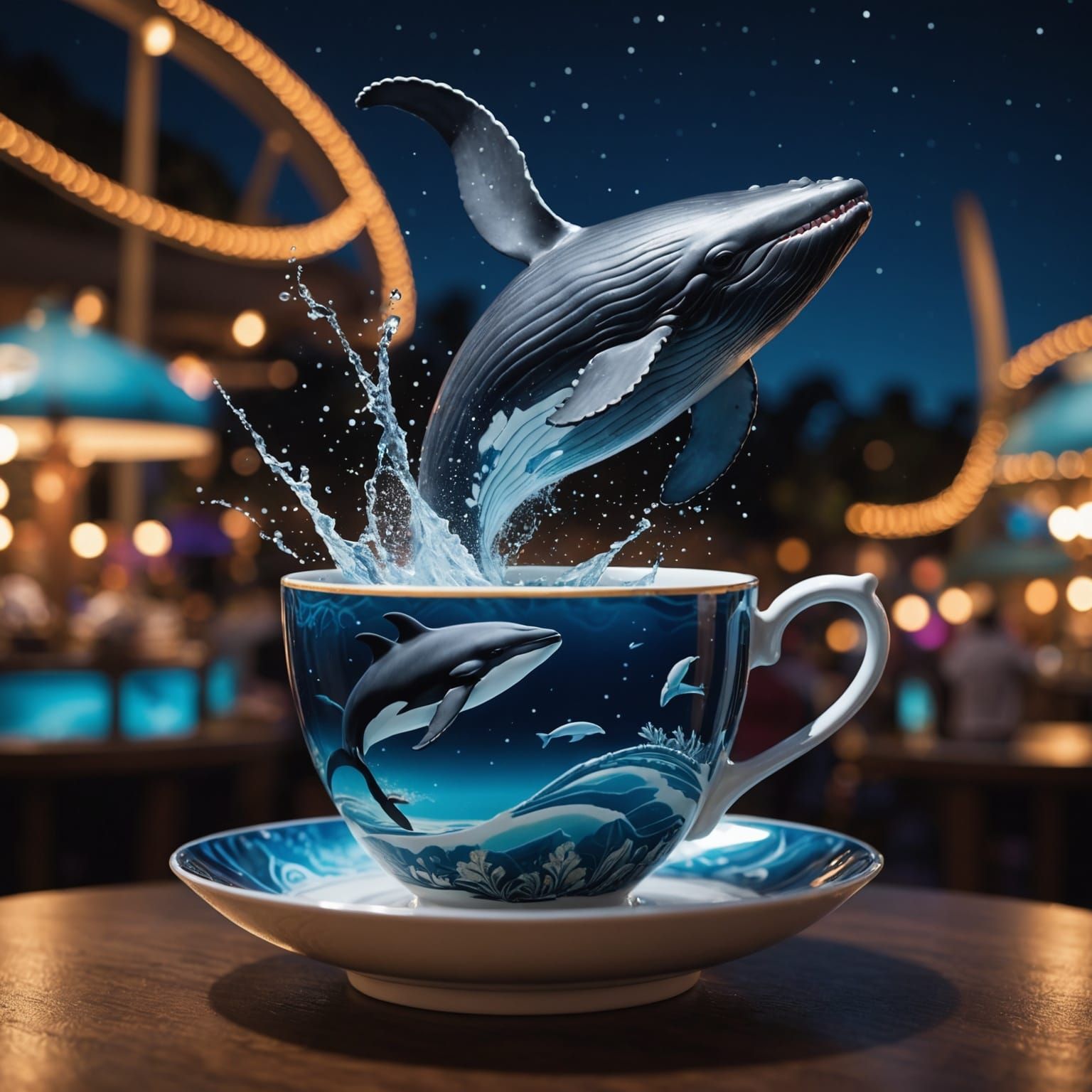 Whale Leaps From Teacup: Hyperrealistic 3D Render