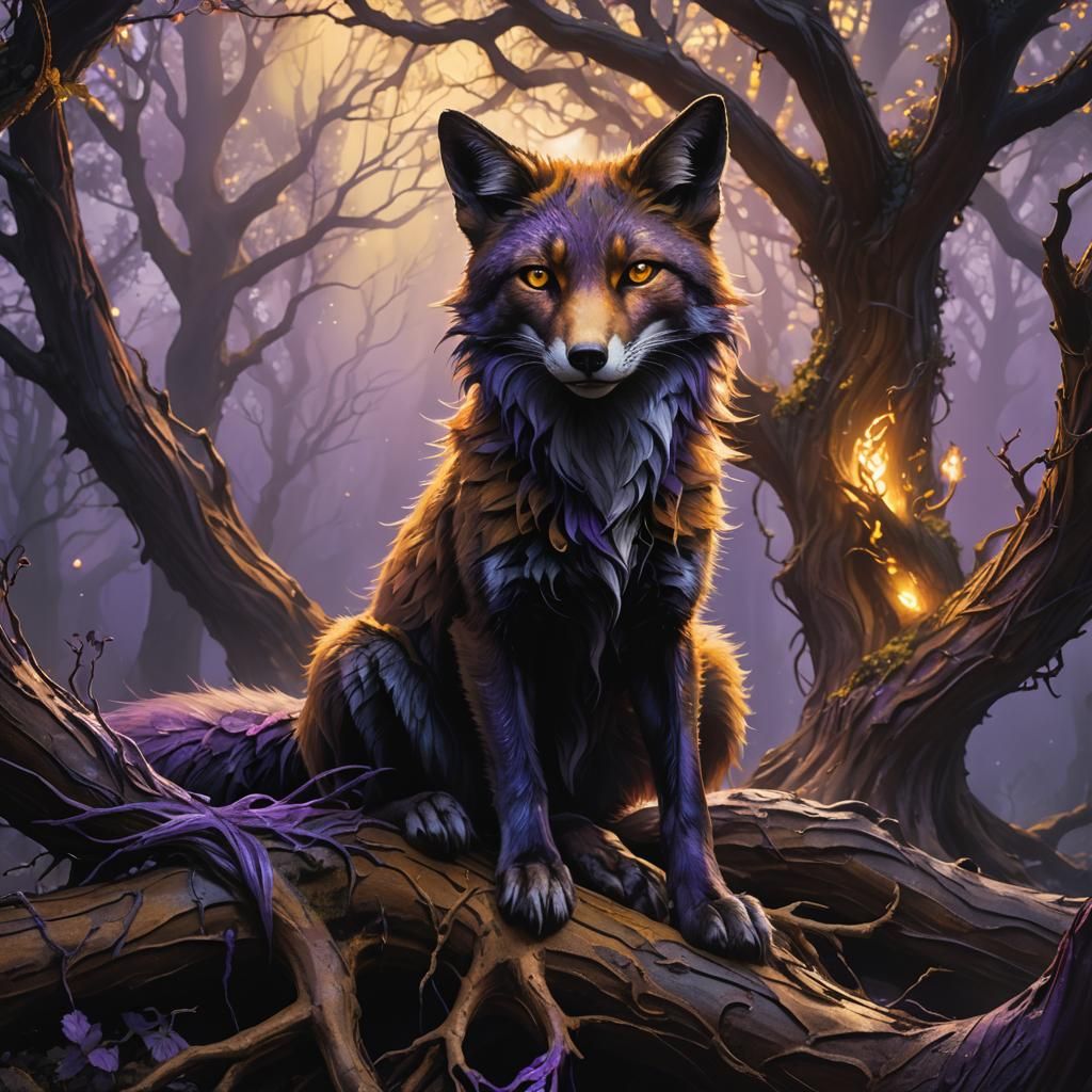 Mystical Dark Fox on Ancient Root in Fantasy Art