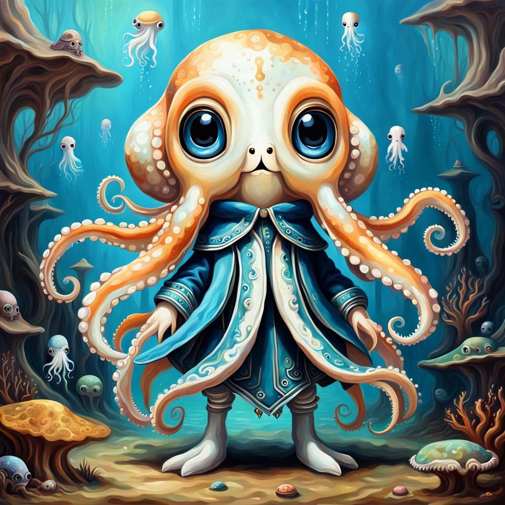 A cute squid renaissance painting oil on canvas light dust
