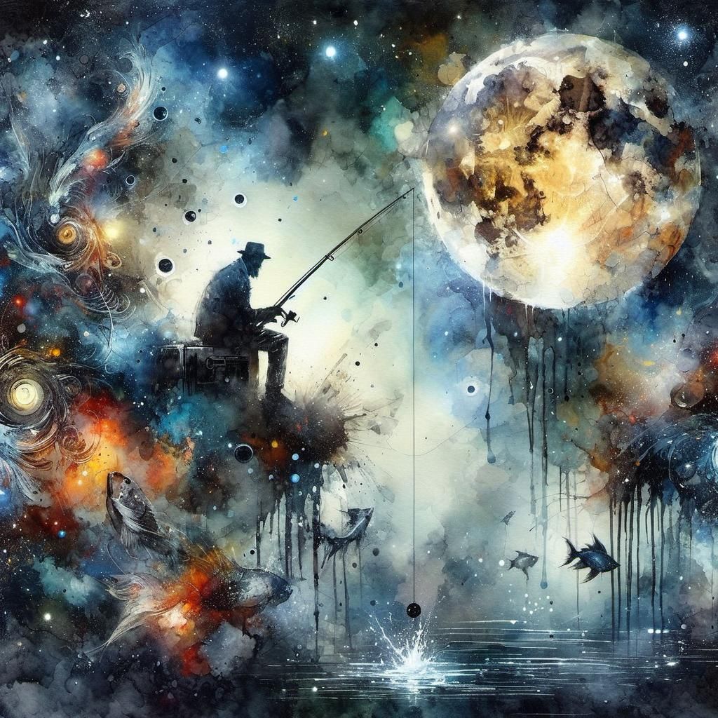 Man Fishes from Moon in Post-Impressionist Watercolor