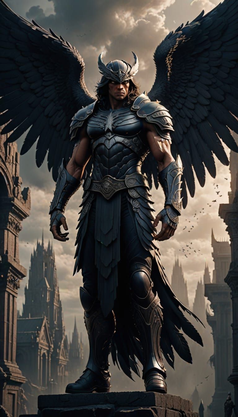 A very large dark angel with muscles
