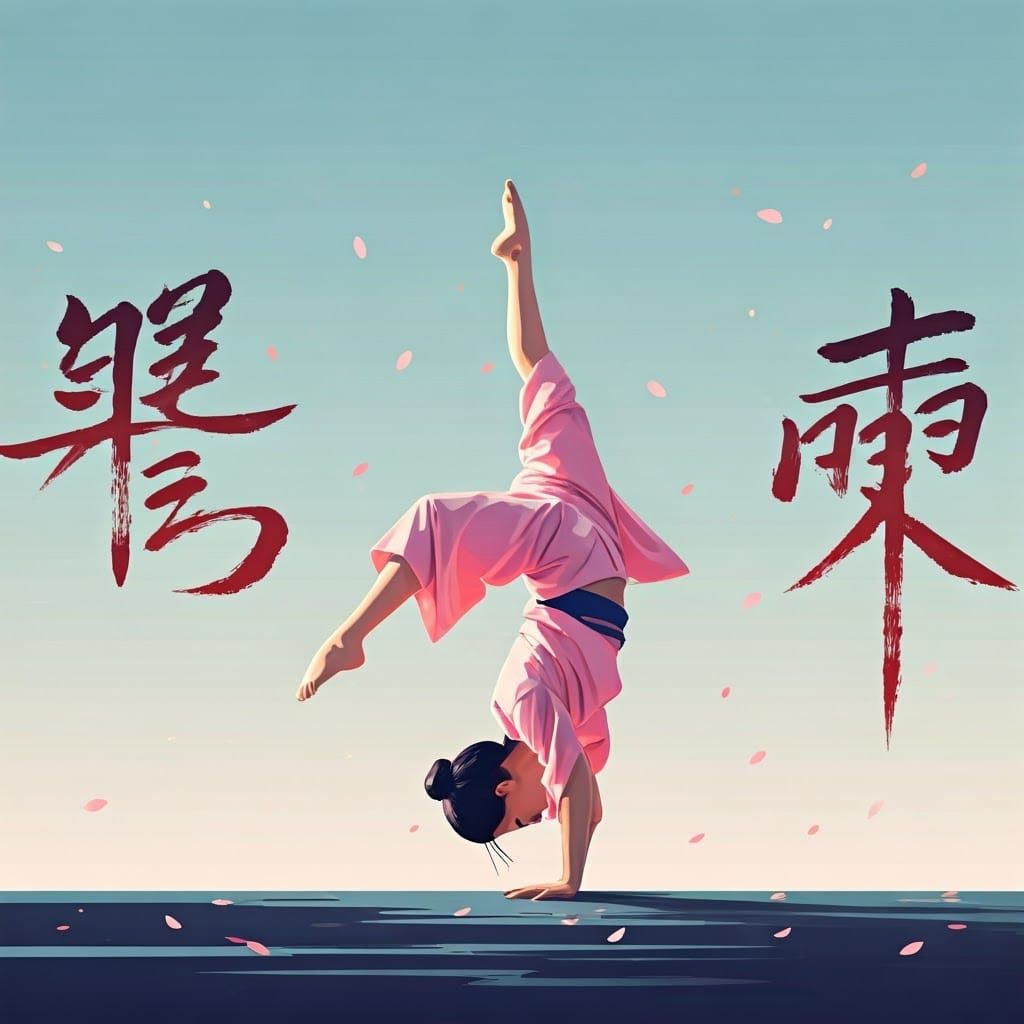 Woman in Kimono Handstand with Japanese Calligraphy