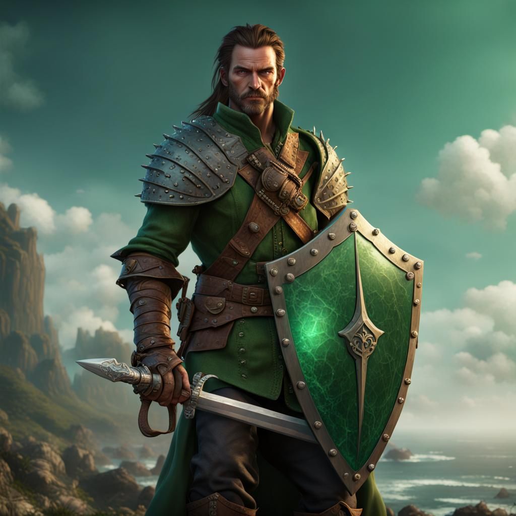 D&D Land Pirate with Emerald Shield, Fantasy Art