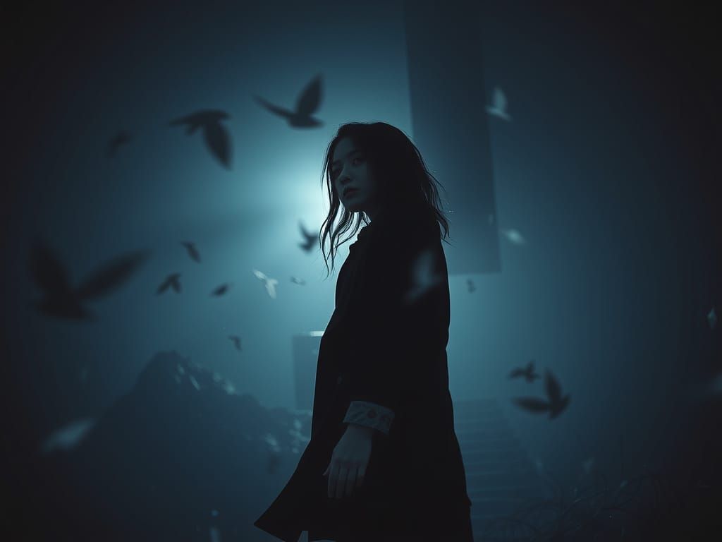 Eerie Woman in Distorted Cyberpunk Landscape