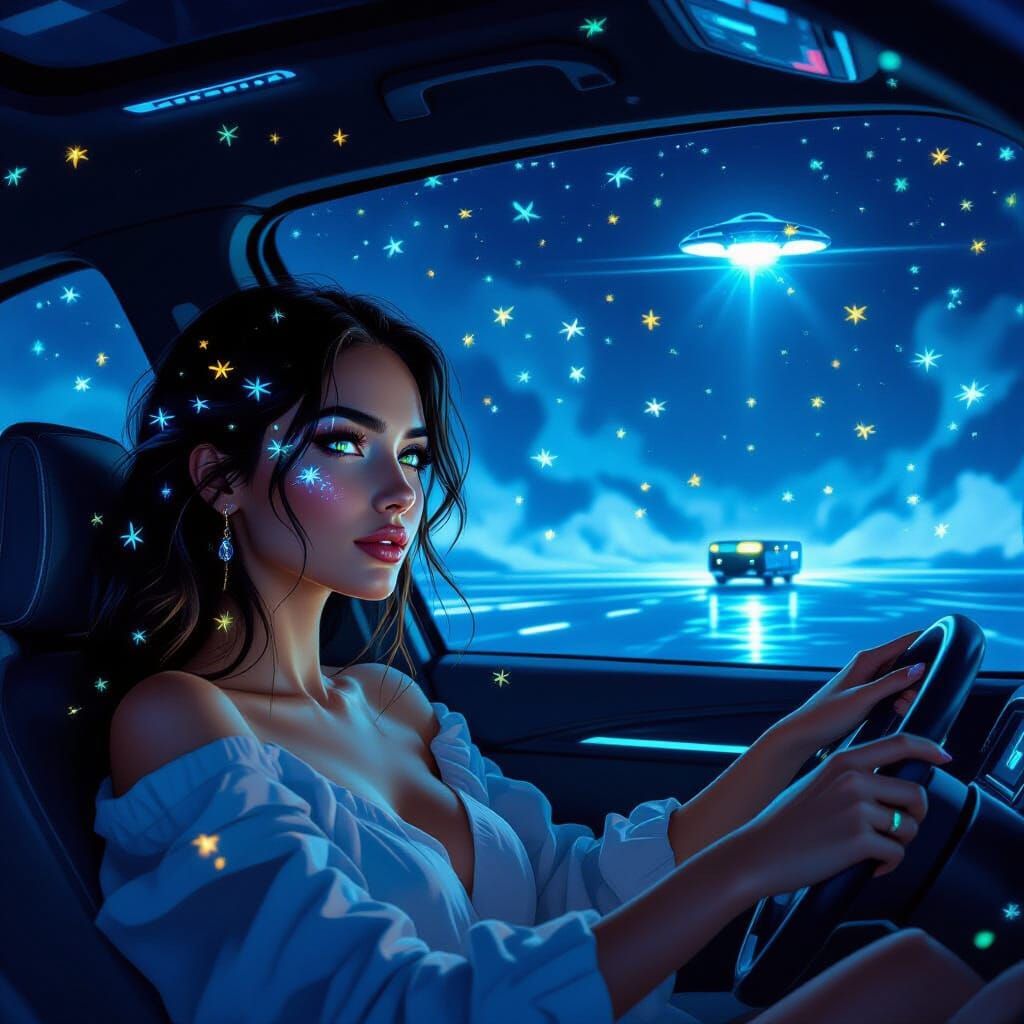 Woman in Futuristic Vehicle Amidst Bioluminescent Insects
