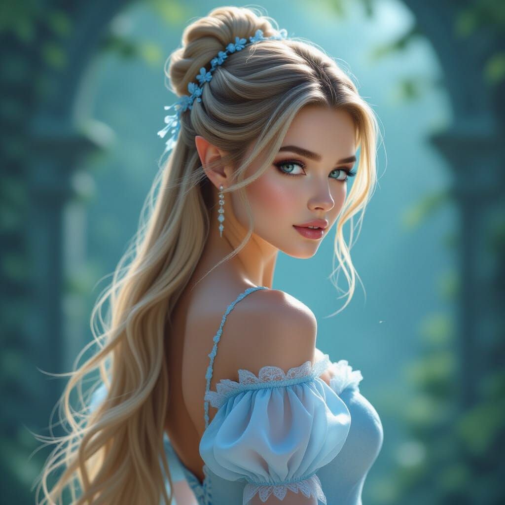 Elegant Blonde Fairy in Blue Fairytale Dress