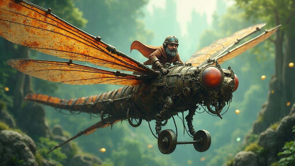 Steampunk Dragonfly Airplane with Dwarf Pilot in Fantasy Set...