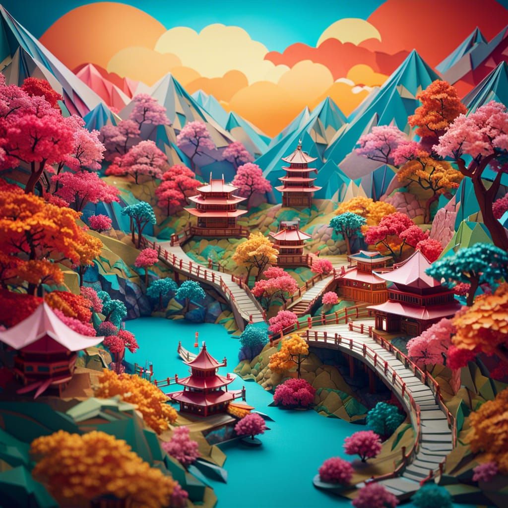 Origami Fantasy Landscape of Japanese Wonderland