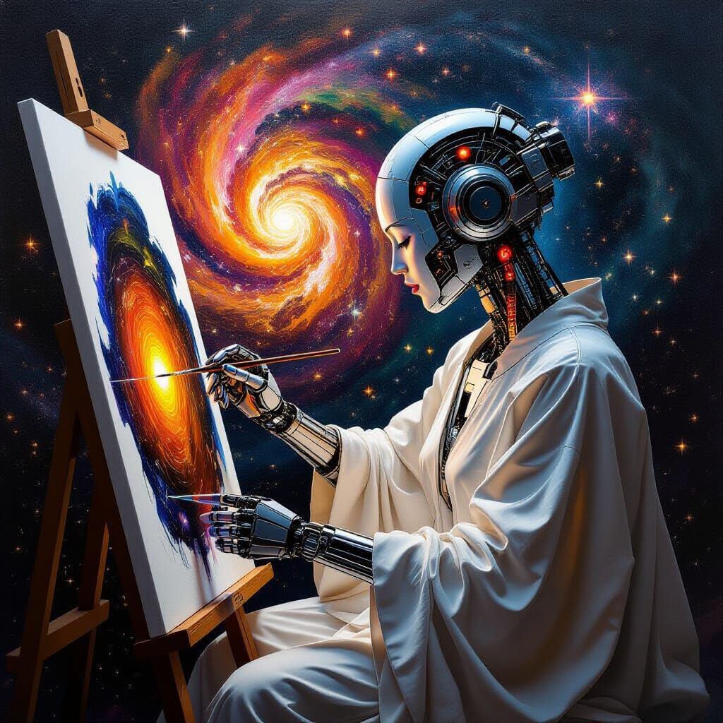 Robot Artist Paints Woman in Cosmic Chiaroscuro Style