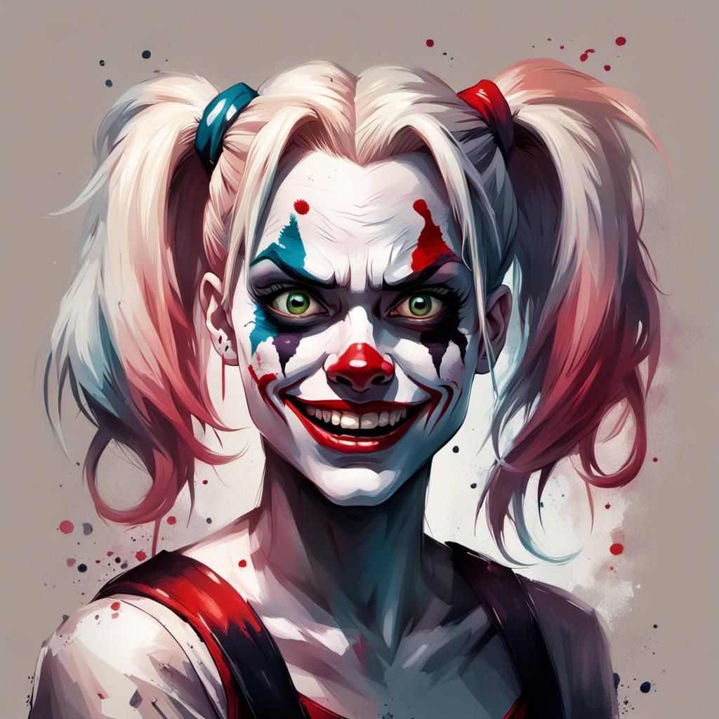 Portrait of Painterly Harley Quinn with a terrified face exp...