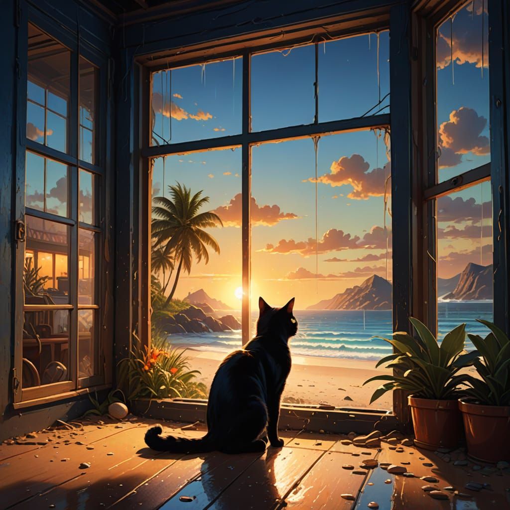 Vibrant Beach Scene with Curious Black Cat