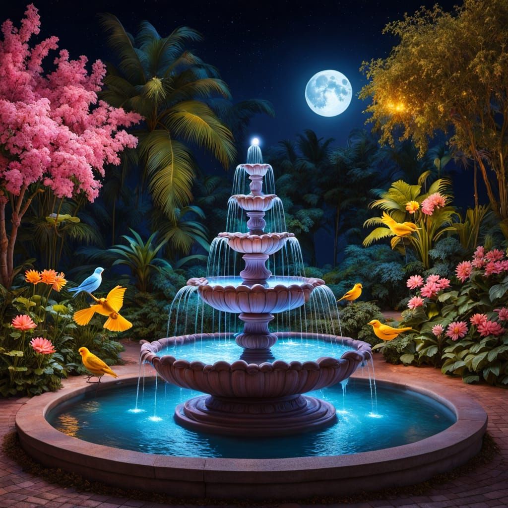Whimsical Illuminated Fountain at Night: Neon Masterpiece