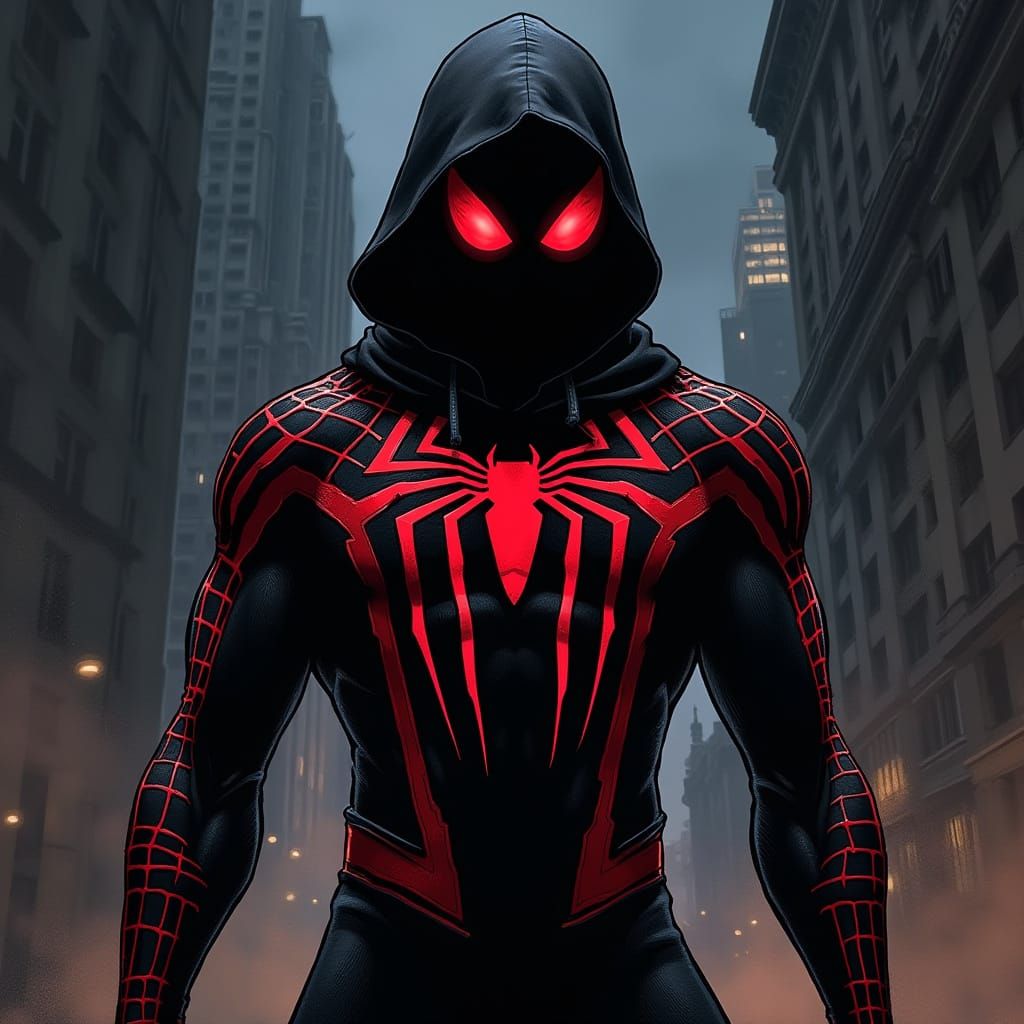 Heroic African American Spiderman in Dark Urban Landscape