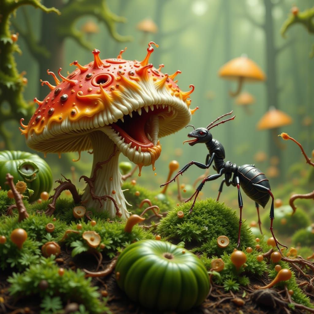 Giant Ant Attacks Microscopic Mushroom