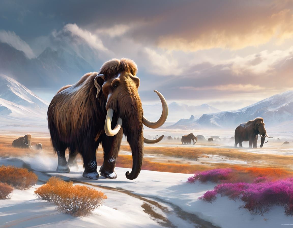 Woolly Mammoths Migrate Across Snowy Steppe