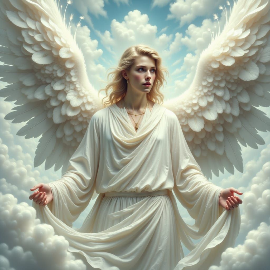 Ethereal Angel in Flowing Robes with Feathery Wings