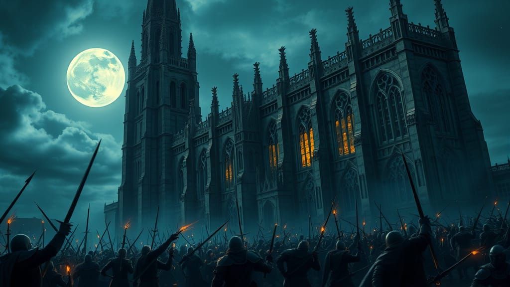 Medieval Battle Before a Haunted Cathedral in Dark, Moody Sp...