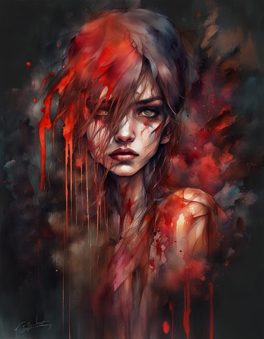 Elegiac Girl Controls Blood in Watercolor Illustration
