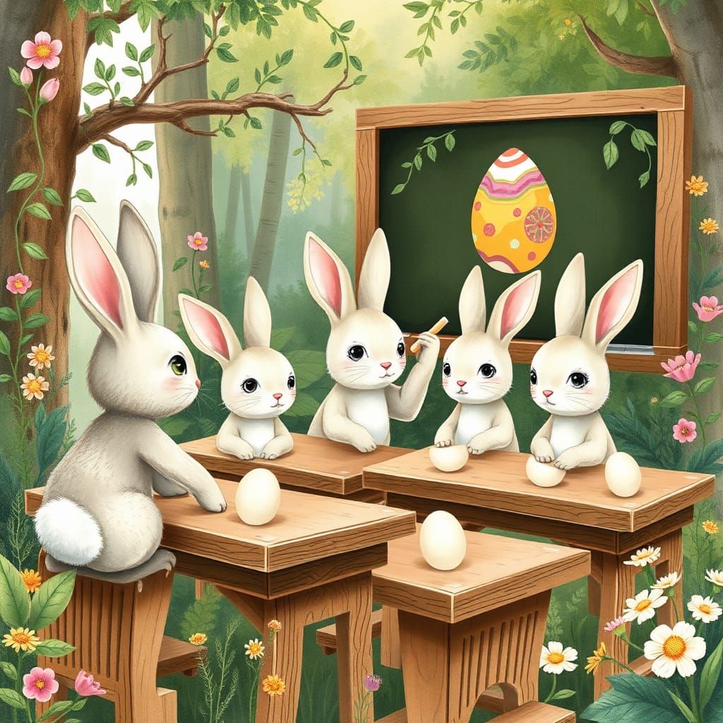 Bunnies in Forest Classroom: Children's Book Illustration