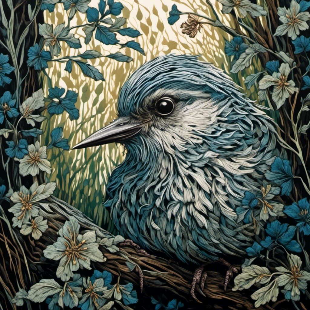 Intricate Wood Engraving of a Cute Bird