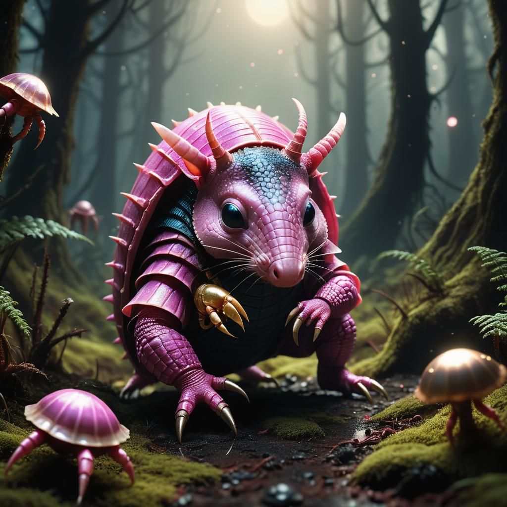 Crab-Clawed Armadillo Alien in Bioluminescent Forest