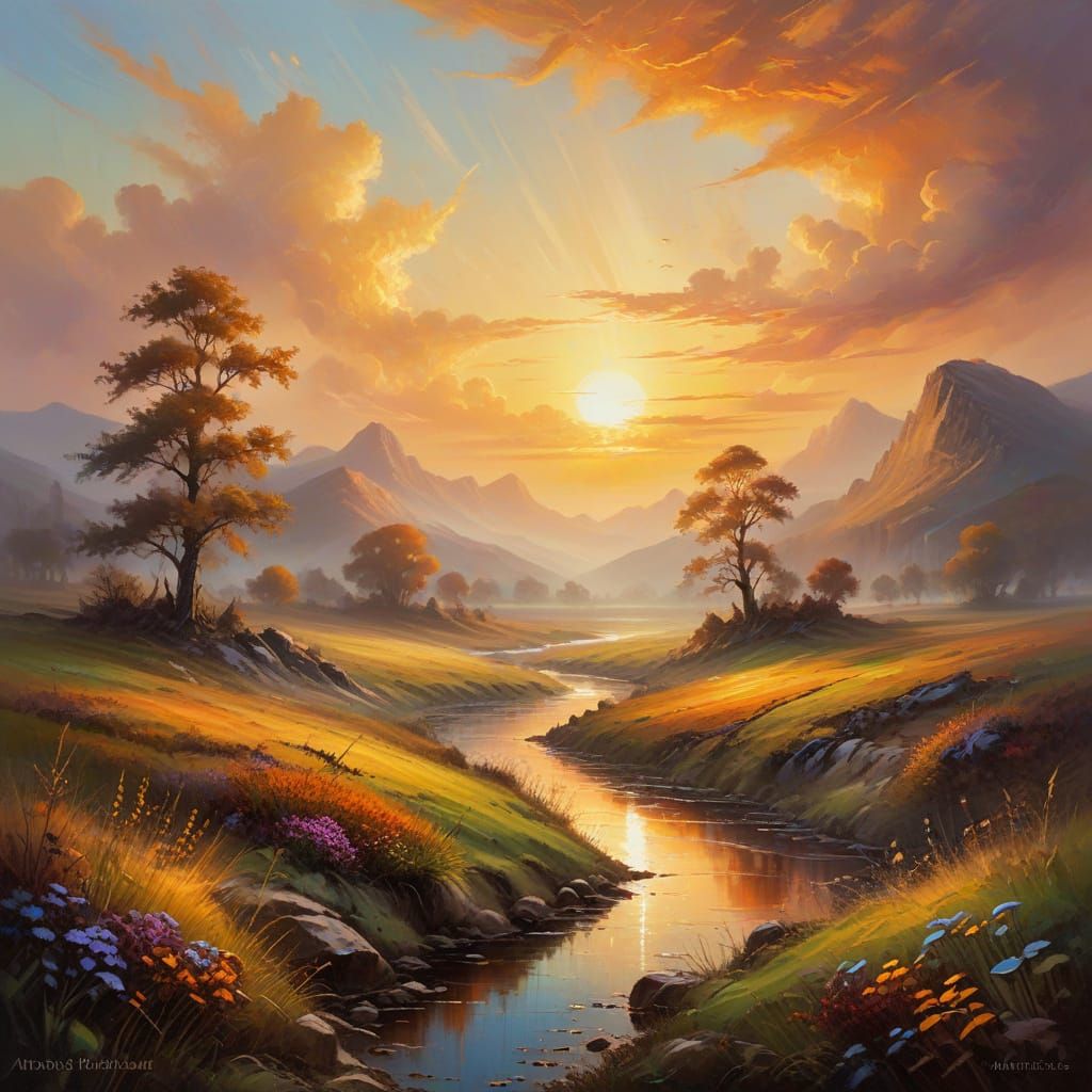 Mystical Sunset Landscape in Vibrant Oil Painting
