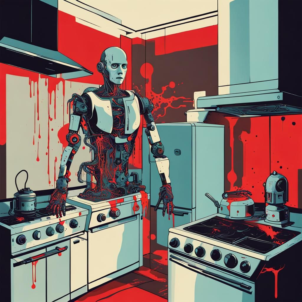 Cyborg Robot with Spooky Halloween Appliances in Pop Art
