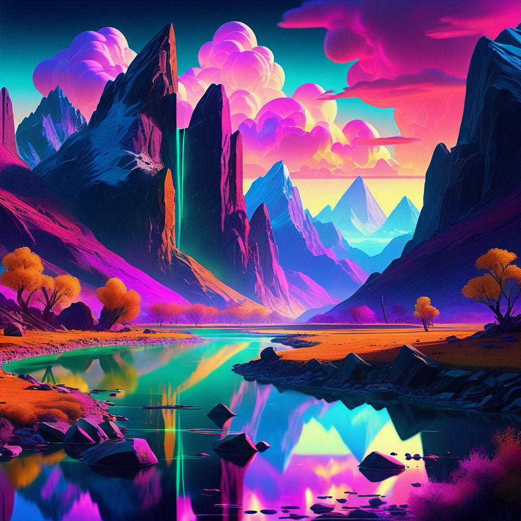 Breathtaking Neon Gemstone Landscape in Vibrant Digital Art