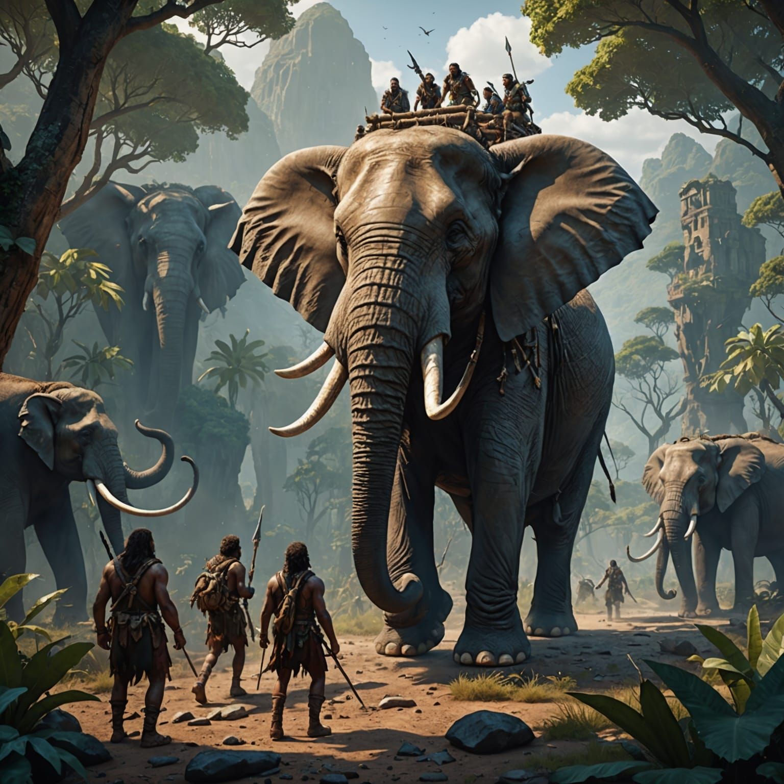 Cavepeople Hunt Elephant: Detailed Matte Painting