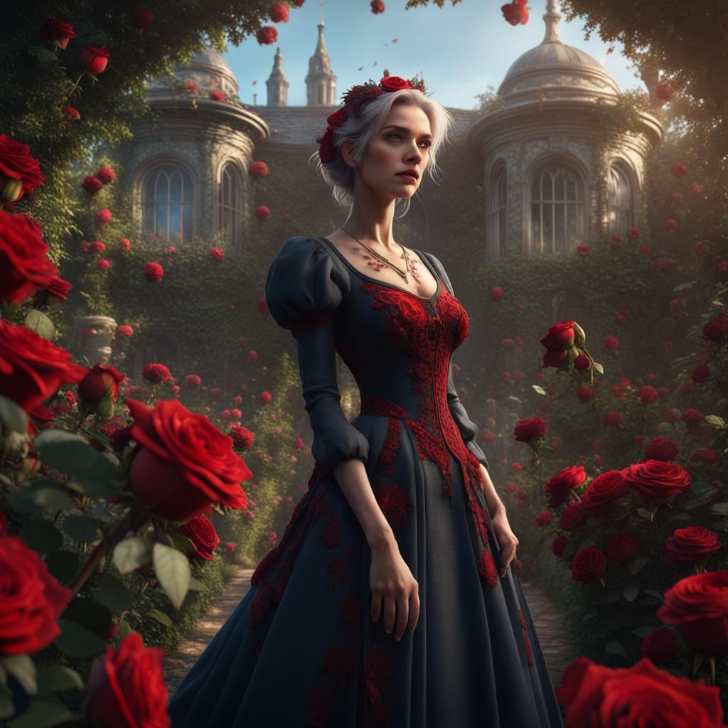 Woman in Rose Garden: Detailed Matte Painting