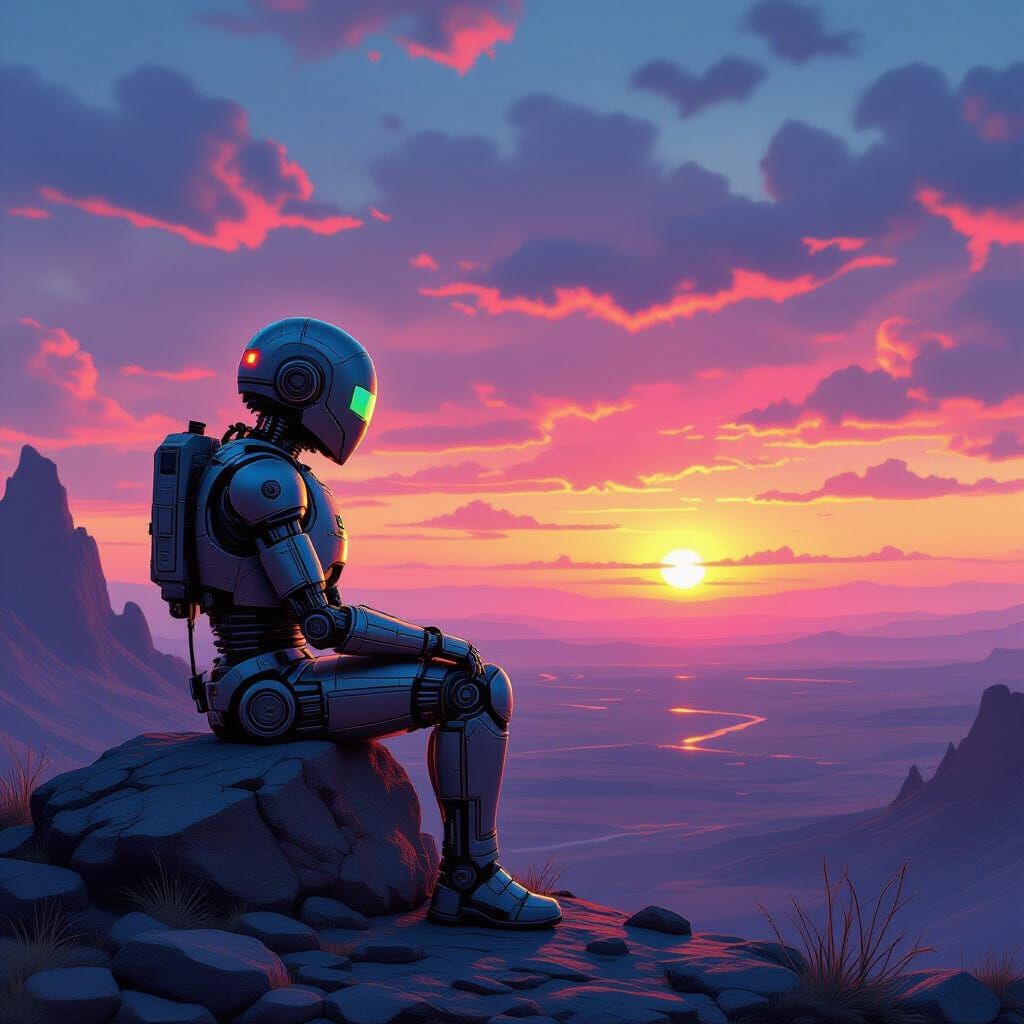 Grumpy Robot Observes Alien Sunset as Matte Painting