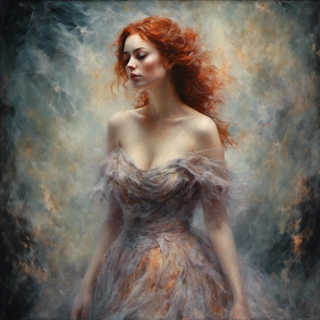 Auburn-Haired Beauty in Ethereal Expressionist Oil Painting