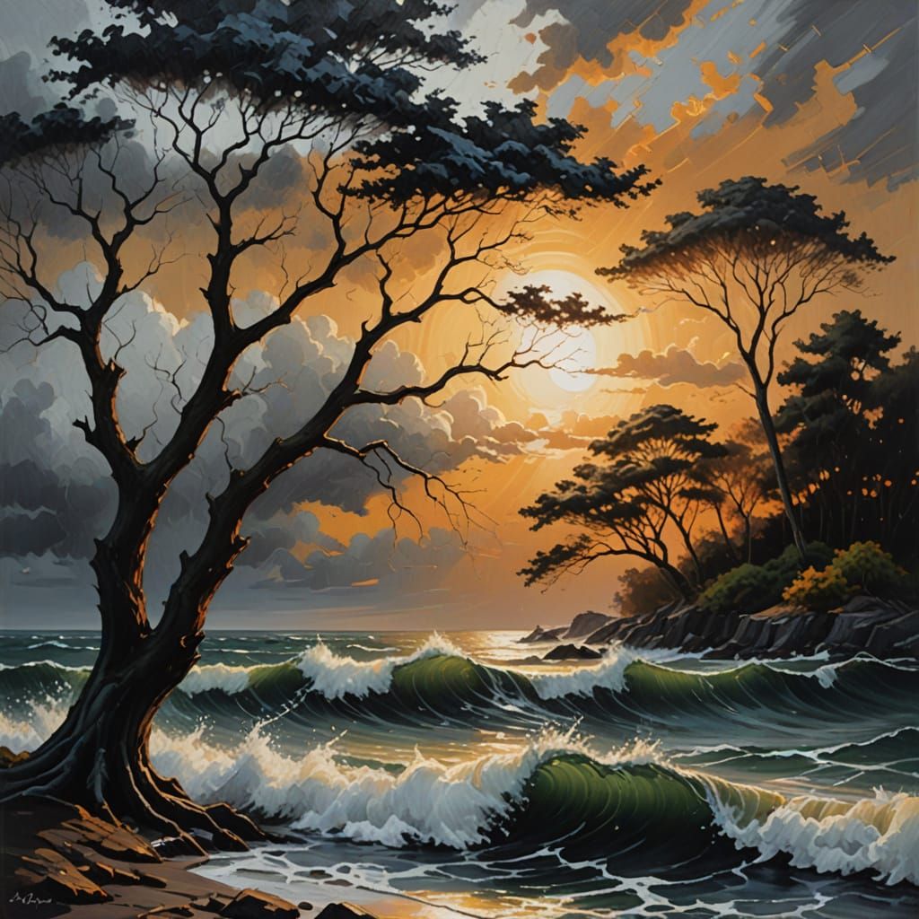 Stormy Seas: Impressionist Oil Painting of Trees