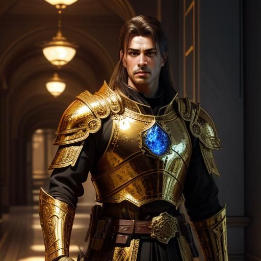 Golden Knight in Obsidian Armor Holding Sword