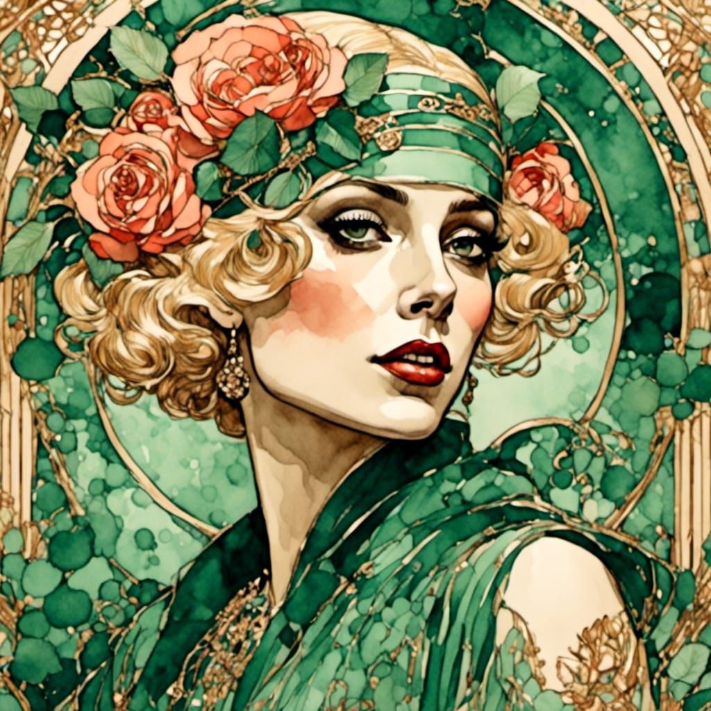 Lady Gaga in Art Deco Emerald Gown