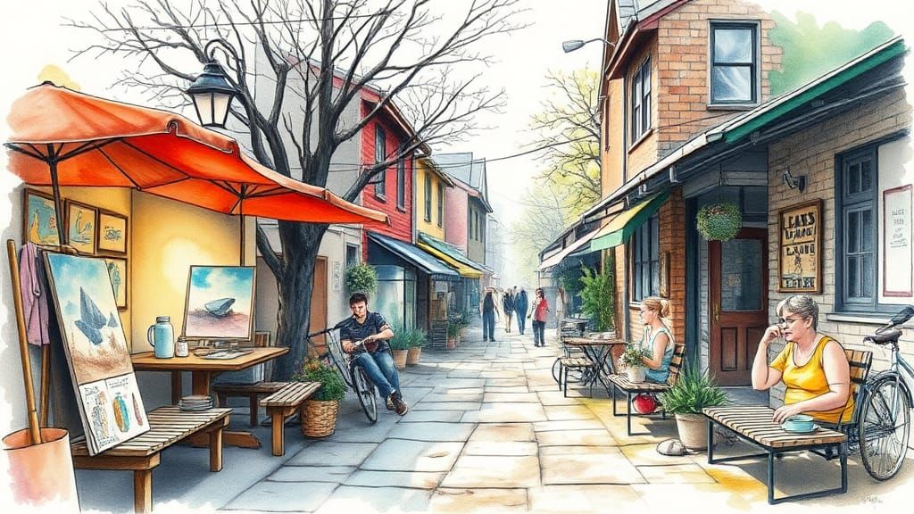 Vibrant Day in Life Watercolor Charcoal Drawing