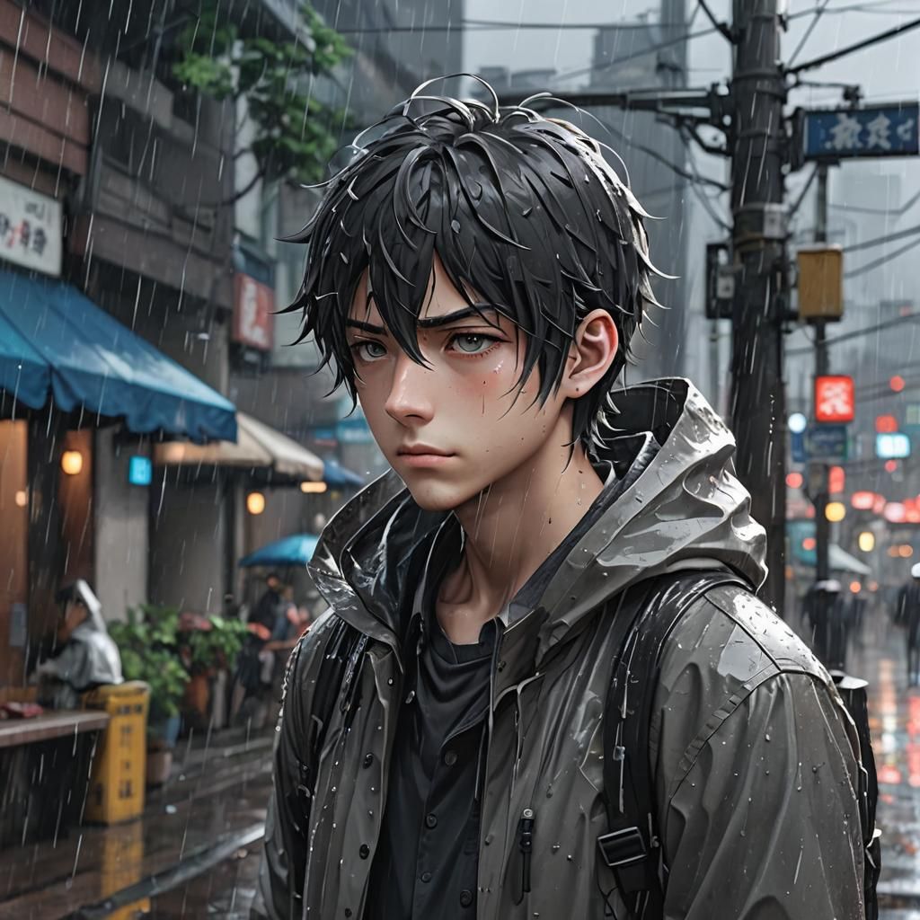 Sad Anime Boy in Rain: Detailed 3D Art