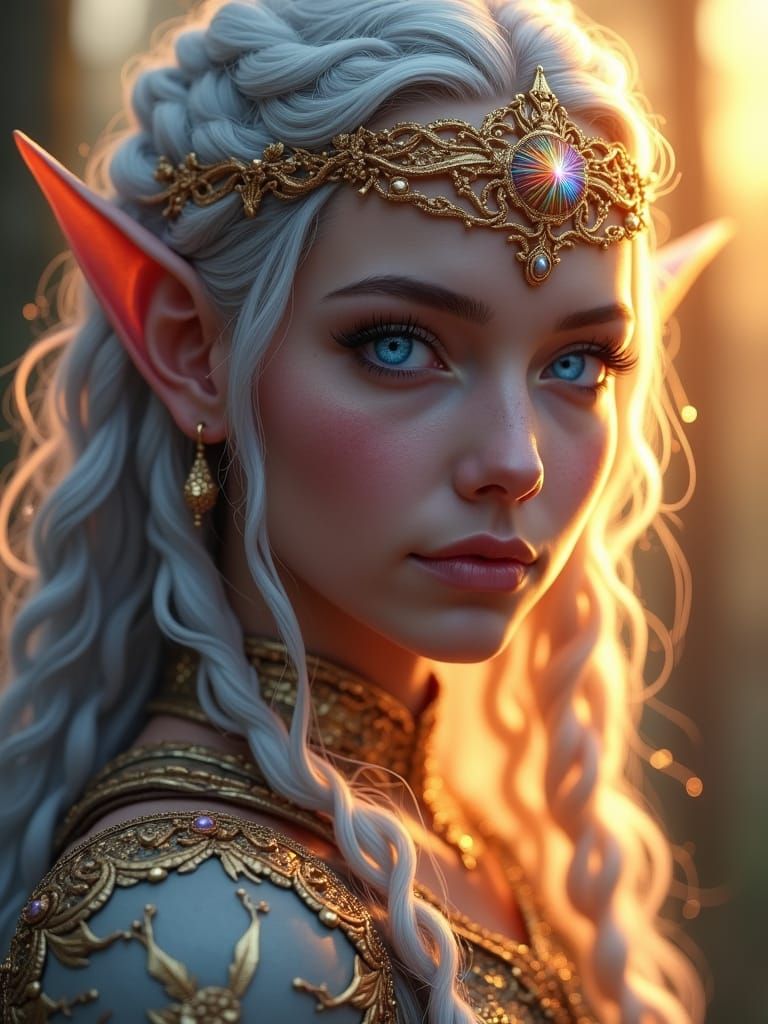 Elven Queen in Golden Armor, Hyperrealistic Portrait