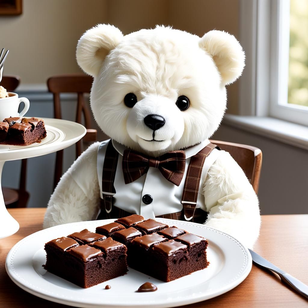 Teddy Bear at Table with Brownies in Storybook Style